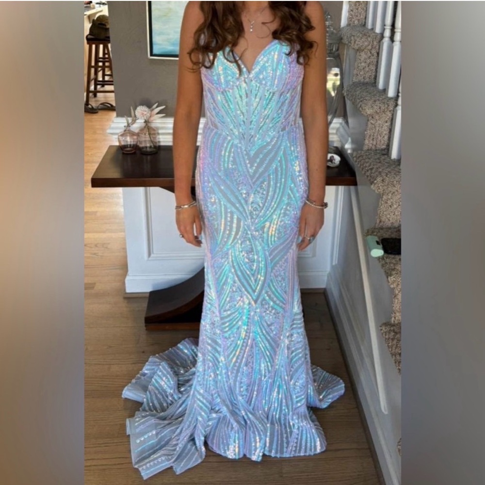 Ellie Wilde Iridescent Blue Prom Dress